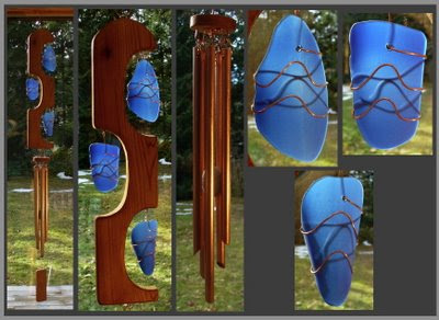 wind chime, sculpted cedar with cobalt blue beach style glass, copper chimes
