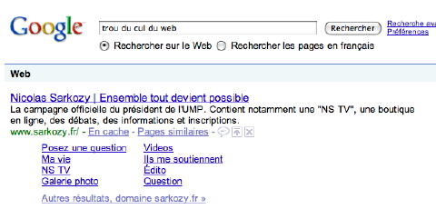 Google bombing trou du cul du web et Sarkozy