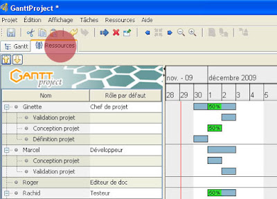 Interface GanttProject: présentation de l'onglet "ressources". Organisation des ressources