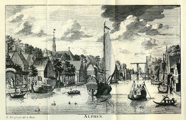 The village of Alphen (now Alphen a/d Rijn) in about 1700 as seen from the River Rhine.