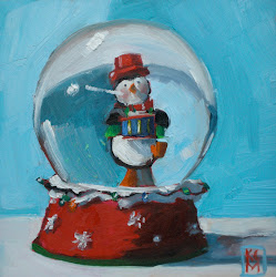 snow globe paintings penguin oil 6x6 macdonald kelley reserved december