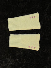 Green Fingerless Gloves with Purple Buttons