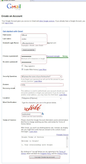 setup Gmail account register form