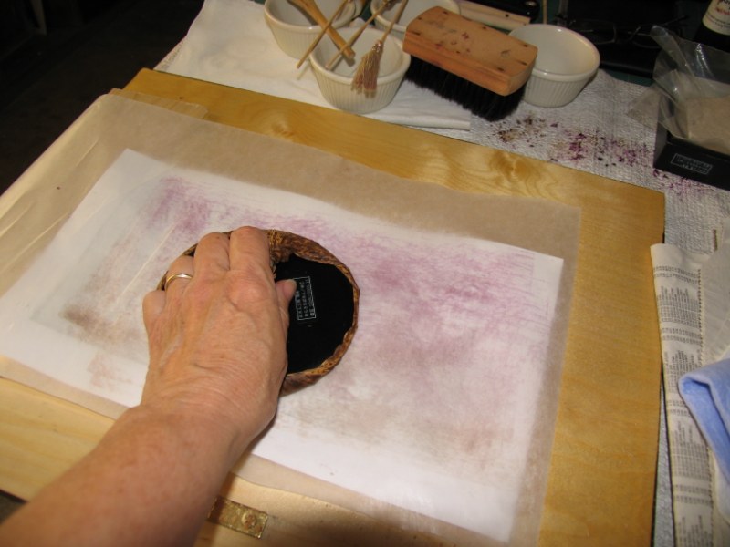 1000 Woodcuts Studio trick to keep barrier paper handy while printing