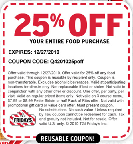 Together We Save: TGI Fridays: 25% off Your Food Purchase