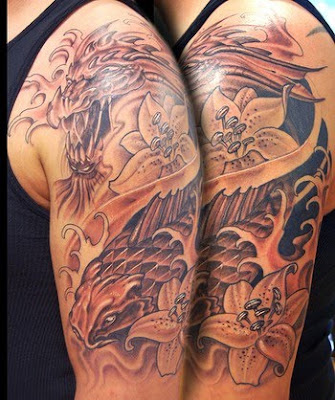 Home » shoulder tattoos » dragon koi tattoo and japanese flower tattoo