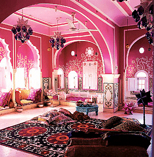 I Dream of Jeannie theme bedrooms - Moroccan style decorating - Jeannie bedroom harem style - Arabian Nights theme bedrooms - bed canopy - Moroccan stencils - I dream of Jeannie bottle - satin bedding - throw pillows - Moroccan furniture