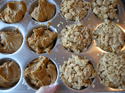 Add streusel topping to pumpkin spice muffins.