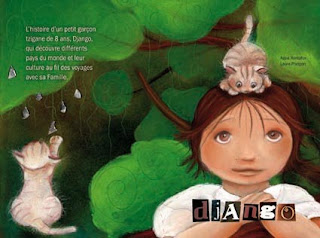 Illustration jeunesse pour la couverture de Django avec un petit chat sur la tête