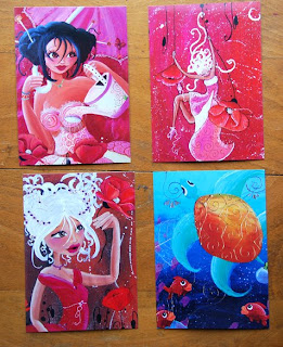 cartes postales de mes peintures et illustrations princesse et tortue et poissons imprimées et jolies ! illustratrice laure phelipon