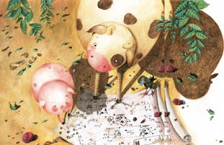 Illustration intérieur du cochon qui cherche à voir le ciel avec l'aide de son amie la vache.