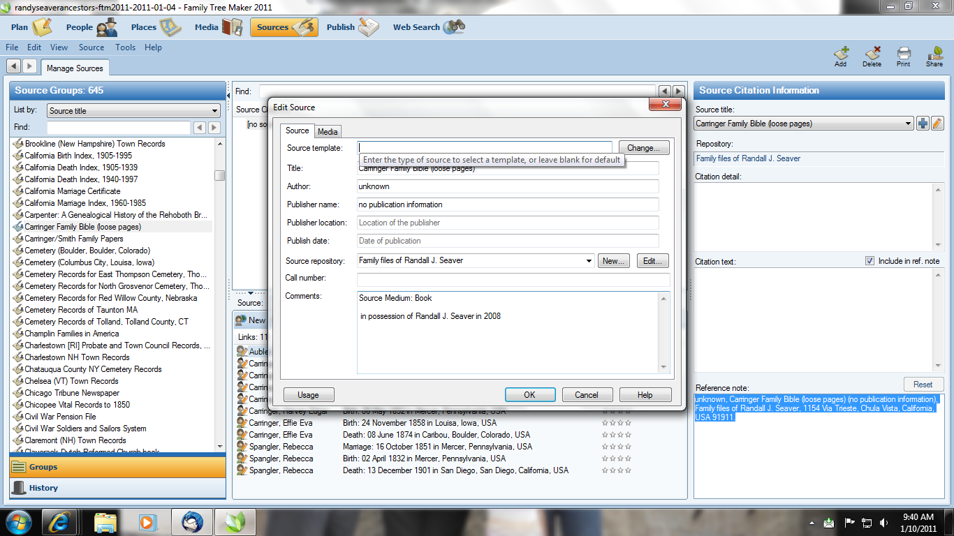 in my free form source i had entries in the title the publisher the source repository and the comments the source template field is empty