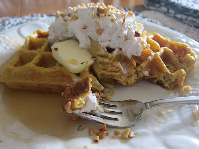 These pumpkin waffles are perfect for a fall morning around the family table; and my spiced whipped cream topping takes them to the next level! #WomenLivingWell #pumpkinrecipes #fallrecipes #easybreakfasts