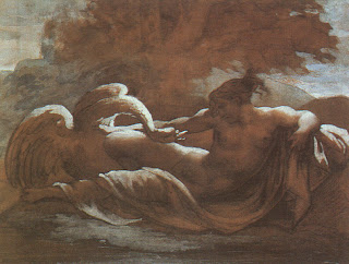 Painting of Leda and the Swan. Zeus disguised as a swan rapes Leda who bears him Helen of Troy.
