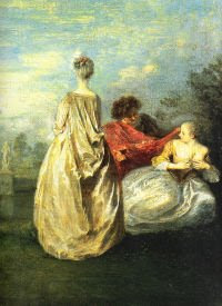 Painting of three women in long flowing dresses of eighteenth century 