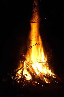 raging bonfire in dark
