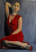 painting of a brunette woman in a red dress seated with her right arm over her head