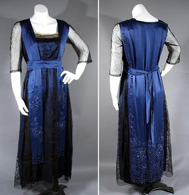 1915 Beaded Blue Silk Satin Black Lace Dress from our archives