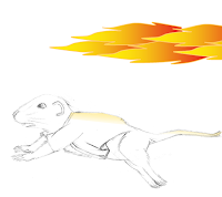 My mouse avatar runs on all fours. A fireball rages behind him.