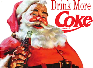"Drink More Coke." The phrase has been photoshopped behind an image of the Coca-Cola Santa Claus taken from a 1930's advertisement