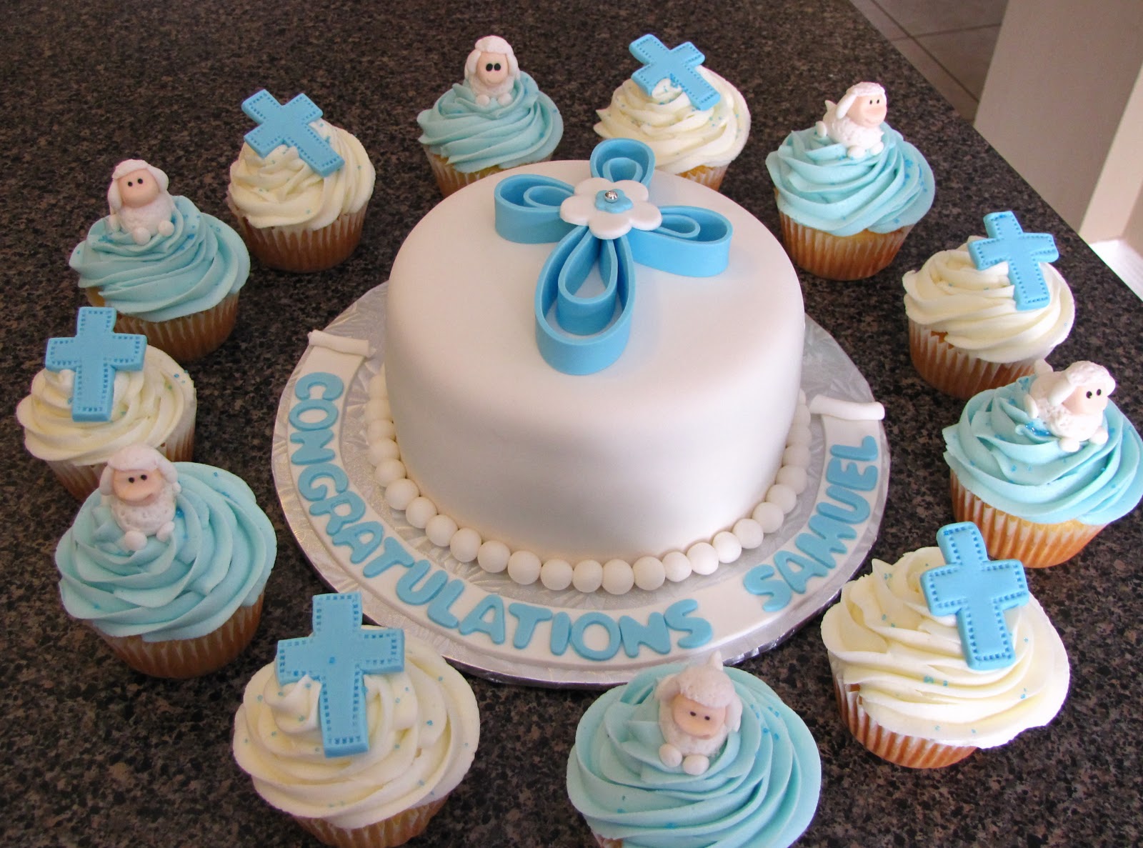 Ann Marie's Creative Cakes Baptism Cake and Cupcakes