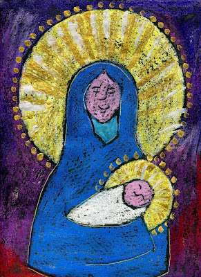 Oil pastel of Mary and the baby Jesus
