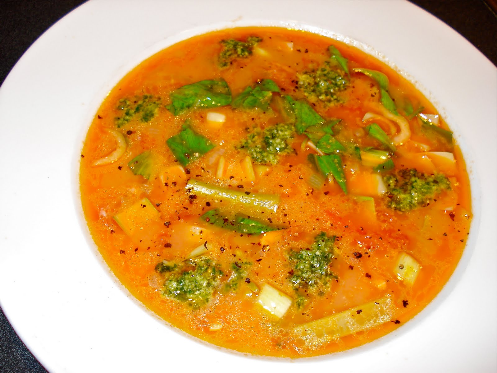 Behind The Burners VEGETABLE SOUP WITH CHICKPEAS, BARLEY & BASIL PESTO