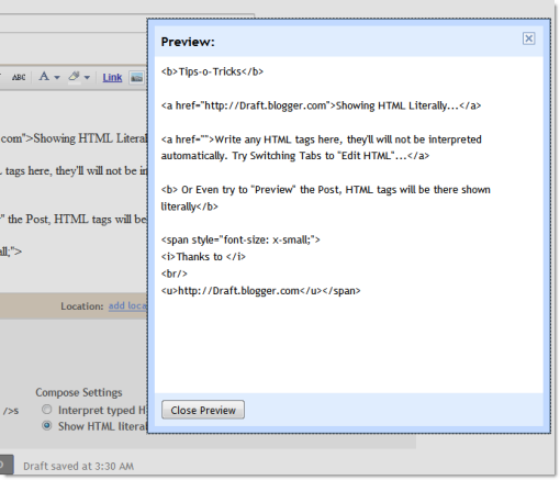 Preview Show HTML Literally in blogger Blog post