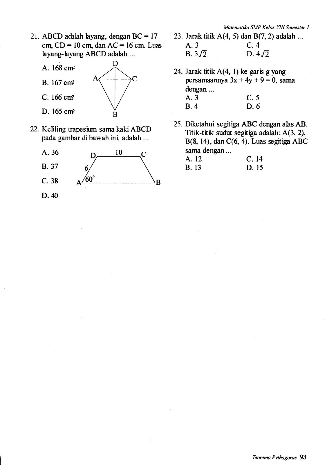 mathematicc Latihan Soal Pythagoras Kelas 8