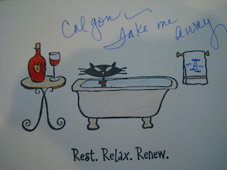Inside card with bath tub that says rest, relax, renew