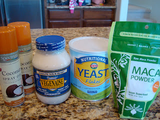 Coconut Spray  Oil, Vegenaise, Nutritional Yeast and  Maca Powder