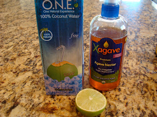 Coconut Water, Agave and lime on countertop