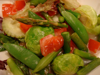 Mixed Field Greens, Brussels, Sugar Snap Peas, Asparagus, Cukes, & Tomatoes
