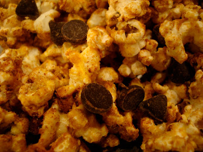 Popcorn in bowl with added chocolate chips