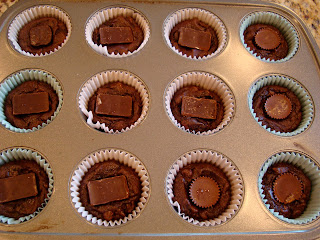 Peanut Butter Cup Brownie Cupcakes in muffin tin