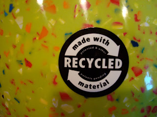 Sticker on bowl saying made with recycled material