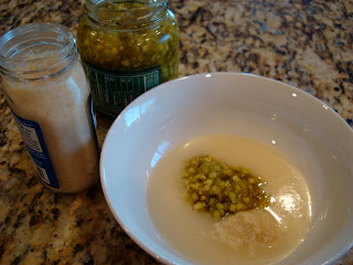 Ingredients needed to make Vegan Slaw Horseradish Relish Dressing in white bowl