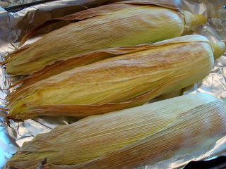 Corn husks removed from oven lightly golden