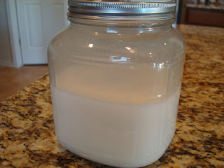 Stirred Kefir in glass jar with lid on on top of countertop