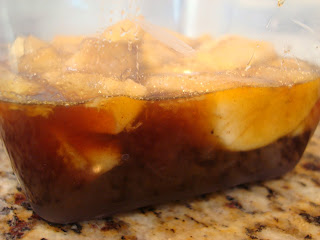 Vegan Banana Foster recipe in clear container 