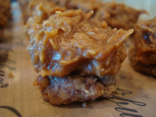 Close up of one Raw Vegan Girl Scout-themed Samoas Cookies