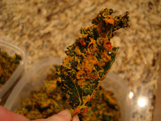 Hand holding Kale Chip showing topping