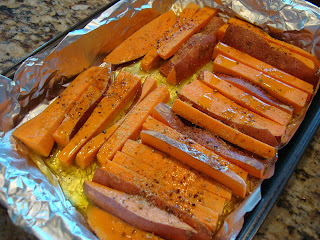 Roasted Sweet Potato Fries on foil lined pan