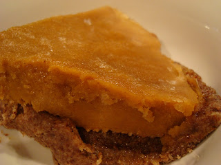 Close up photo of Vegan No Bake Pumpkin Pie showing crust and filling layer