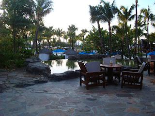 Patio with palm trees next to pool