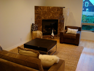 Living room set up with furniture and fireplace