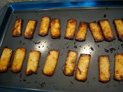 Baked Mango Ginger Maple Tofu on baking sheet