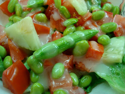 Close up of Edamame Salad with Vegan Slaw Dressing