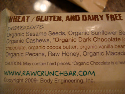 Label of one bar showing ingredients