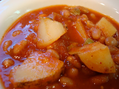 Close up of Hearty Vegan Southwestern Sweet & Spicy Soup in white bowl